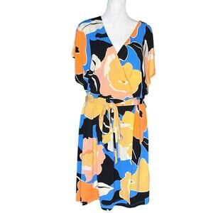 NWT Nine West Colorful Abstract Floral Front Tie Faux Wrap Dress Size XXL